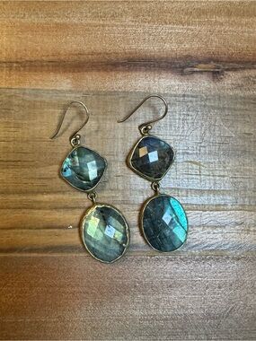 Artisan Labradorite Double-Drop Earrings - Blue Green Iridescent
